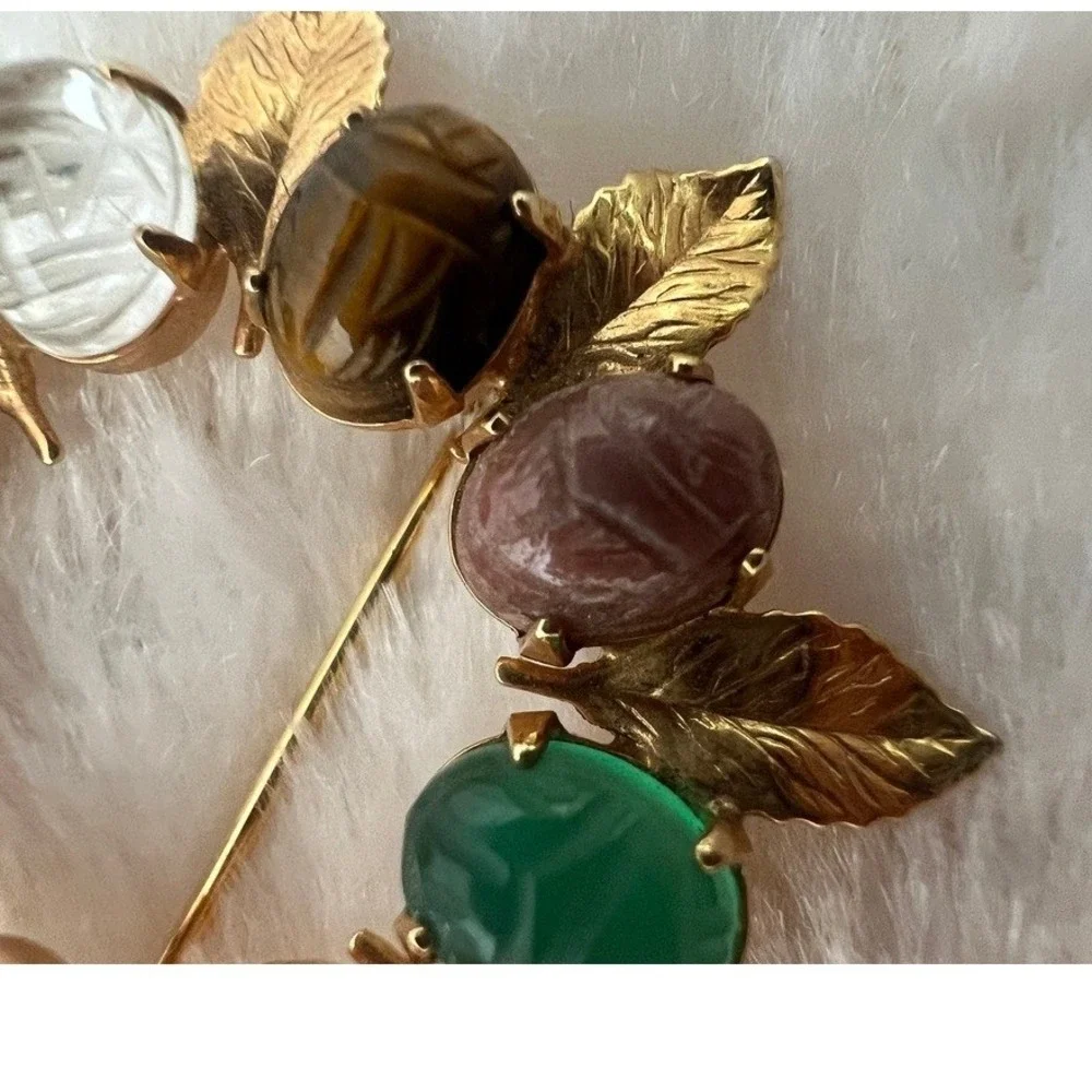 Vintage Scarab‎ Brooch Gold Multi Color Carved Glass Gemstones Egyptian Revival